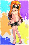  abstract_background bedroom_eyes bike_shorts black-rayal blush breasts cephalopod clothed clothing female green_eyes hair hairclip half-closed_eyes inkling marine mostly_nude nintendo nipples no_underwear orange_hair pointy_ears seductive shorts shorts_pull smile splatoon squid tentacle_hair tentacles topless undressing video_games 