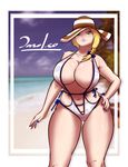  beach blonde_hair breasts cleavage collarbone dazol green_eyes hat huge_breasts looking_at_viewer one-piece_swimsuit original smile solo straw_hat swimsuit thick_thighs thighs wide_hips 