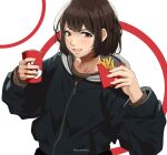  1girl absurdres black_jacket brown_eyes brown_hair brown_sweater cup fast_food food french_fries highres holding holding_cup jacket jollibee looking_at_viewer open_mouth original short_hair solo spookypicklez sweatdrop sweater 