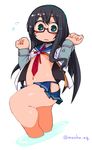  belly black_hair blue_eyes blush breasts commentary_request glasses hairband hip_vent kantai_collection long_hair looking_at_viewer masha navel ooyodo_(kantai_collection) open_clothes school_uniform semi-rimless_eyewear serafuku shirt_lift small_breasts solo under-rim_eyewear wading wavy_mouth 