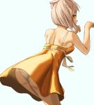  1girl absurdres alternate_costume animal_ear_fluff animal_ears ass bare_shoulders cat_ears commentary_request dress grey_hair highres looking_back nia_(xenoblade) panties pantyshot paw_pose ponaponyo short_hair simple_background smile solo teeth underwear white_background xenoblade_chronicles_(series) xenoblade_chronicles_2 yellow_dress yellow_eyes 