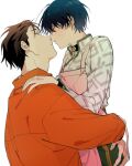 2boys apron blue_hair brown_eyes brown_hair carrying carrying_person charisma_house facing_another grey_background itou_fumiya jacket looking_at_another m167cm motohashi_iori multiple_boys orange_jacket pink_apron short_hair simple_background yaoi 