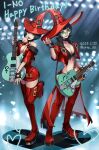  2girls absurdres black_choker boots breasts choker cleavage duesenberg_starplayer electric_guitar fingerless_gloves gloves guilty_gear guilty_gear_strive guitar happy_birthday hat highres i-no instrument large_breasts large_hat midriff mole mole_above_mouth multiple_girls red_footwear red_headwear red_leather red_lips sptn_00 thigh_boots twitter_username venus_symbol witch_hat 