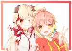  2girls animal_ears blonde_hair blush border choker commentary_request dog_ears dog_girl drawstring gradient_border grin hand_up highres hira_hikari hood hood_down hoodie jewelry long_hair long_sleeves looking_at_viewer low_twintails multicolored_hair multiple_girls nanashi_inc. necklace o-ring o-ring_choker one_eye_closed open_mouth orange_eyes orange_hoodie outside_border pink_hair red_border red_eyes red_hair rin_(0917608) seshima_rui shirt short_sleeves sidelocks simple_background smile streaked_hair teeth twintails two-tone_hair upper_body v virtual_youtuber white_background white_shirt 