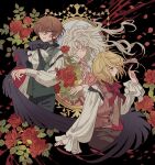  1girl 2boys ascot black_background black_cape blonde_hair blood blood_splatter blue_eyes bouquet brown_hair brown_jacket brown_pants cape closed_eyes closed_mouth collared_shirt cropped_legs edgar_portsnell facing_viewer floral_background flower green_eyes green_jacket hand_up highres jacket kiryu_miharu long_hair long_sleeves looking_at_viewer looking_to_the_side marybell_portsnell meremero mirror multiple_boys open_mouth pants petals poe_no_ichizoku profile puffy_long_sleeves puffy_sleeves red_flower red_rose rose rose_petals shirt short_hair sitting standing white_ascot white_hair white_shirt wind 