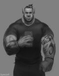  1boy bara black_nails broad_shoulders contemporary enydimon extra_tusks forearms greyscale large_hands large_pectorals looking_at_viewer male_focus mature_male monochrome monster_boy muscular muscular_male orc original pectorals pointy_ears selfie shirt solo straight-on t-shirt thick_eyebrows tusks 