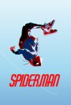  1boy azisaiharumaki56 black_bodysuit blue_background bodysuit commentary copyright_name gradient_background highres hood hoodie jumping male_focus marvel miles_morales profile shoes sneakers solo spider-man:_across_the_spider-verse spider-man_(series) spider-verse symbol-only_commentary 