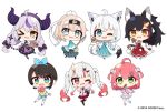  6+girls animal_ear_fluff animal_ears arrow_(projectile) bag bell black_hair black_thighhighs blue_bow blue_eyes blue_footwear blue_hakama blue_shorts boots bow brown_eyes cardigan chibi demon_horns dress ema fox_ears fox_girl fox_tail green_eyes grey_hair hair_between_eyes hakama hakama_skirt holding holding_arrow holding_sword holding_weapon hololive horns japanese_clothes jingle_bell kagura_suzu katana kazama_iroha kimono la+_darknesss light_brown_hair long_hair long_sleeves low-tied_long_hair multicolored_hair multiple_girls muuran nakiri_ayame official_art oni ookami_mio oozora_subaru pantyhose pink_cardigan pink_hair plaid plaid_dress plaid_skirt pleated_skirt puffy_long_sleeves puffy_sleeves purple_dress purple_hair red_bow red_eyes red_hair red_hakama red_skirt ribbon-trimmed_sleeves ribbon_trim sakura_miko shirakami_fubuki shirt shorts shoulder_bag simple_background skirt sleeves_past_wrists streaked_hair sword tail thighhighs twintails two_side_up very_long_hair virtual_youtuber weapon white_background white_kimono white_pantyhose white_shirt white_thighhighs wide_sleeves wolf_ears wolf_girl wolf_tail yellow_shirt 