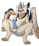 absurd_res angel_dragon anthro balls big_ears blue_body blue_fur blue_penis blueberry_(smolderg) blush chest_tuft claws dragon fur genitals hi_res horn inner_ear_fluff knot leaning leaning_back licking licking_lips looking_at_viewer male nipples penis solo tail tongue tongue_out tuft unknown_artist white_body white_fur wings yellow_body yellow_fur