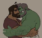  2boys bara beard brown_hair chest_hair closed_eyes colored_skin couple dark-skinned_male dark_skin eye_contact facial_hair full_beard green_skin grey_hair hairy heart highres interspecies kiss light_blush looking_at_another loving_aura male_focus mature_male monster_boy multiple_boys muscular muscular_male open_clothes open_shirt orc original pointy_ears profile short_hair smile softbeef solid_oval_eyes thick_arm_hair thick_beard thick_eyebrows thick_navel_hair tusks upper_body yaoi 