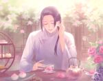  1boy architecture arms_at_sides axis_powers_hetalia black_hair changpao china_(hetalia) chinese_clothes day east_asian_architecture facing_viewer flower food fruit glass_teacup hair_over_shoulder hair_tucking hand_up kanmuri_(hanyifan30338) long_hair long_sleeves male_focus mooncake parted_bangs peach petals pink_flower pink_rose plant ponytail pov_across_table qinghua_(porcelain) rose round_shelf saucer solo spoon sweets table tea teapot toggles upper_body vase wide_sleeves 