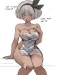  1girl :d bea_(pokemon) black_hairband breasts collarbone covering_privates dark-skinned_female dark_skin english_commentary english_text grey_eyes grey_hair hair_between_eyes hairband hand_on_own_chest highres large_breasts looking_at_viewer nude_cover pokemon pokemon_swsh rakeemspoon short_hair sitting sketch smile solo wet 