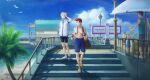  absurdres bag beach bench blonde_hair blue_eyes brown_bag brown_eyes brown_hair flip-flops food highres ice_cream ice_cream_cone kazuko_(towa) lloyd_irving mithos_yggdrasill multiple_boys multiple_girls ocean palm_tree sandals scenery sitting_on_bench stairs summer swimsuit tales_of_(series) tales_of_symphonia topless_male towel towel_around_neck tree 
