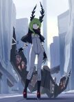  1girl 32zzz asymmetrical_horns black_capelet black_rock_shooter black_rock_shooter:_dawn_fall bodysuit capelet claws dead_master green_eyes green_hair grey_bodysuit highres holding holding_weapon horns long_hair mechanical_hands sidelocks skull_ornament solo uneven_horns weapon 