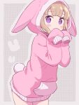  1girl animal_ears animal_hood blunt_bangs blush brown_hair closed_mouth commentary_request cowboy_shot fake_animal_ears grey_background hands_up highres hood hood_up hoodie ikzw leaning_forward long_hair looking_at_viewer no_pants pink_hoodie pretty_series pripara purple_eyes rabbit_ears rabbit_hood rabbit_tail shy sleeves_past_fingers sleeves_past_wrists solo standing tail tsukikawa_chili tsukikawa_chili_(normal) 