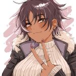  1girl alexkota1115 black_eyes black_jacket bon_(vtuber) breasts brown_hair brown_nails coat ear_piercing earrings fang fur_trim highres indie_virtual_youtuber jacket jewelry piercing ribbed_sweater ring short_hair solo stud_earrings sweater tan upper_body v virtual_youtuber 