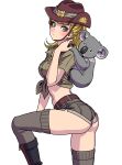  1girl absurdres animal animal_on_back ass belt blonde_hair blush boots breasts brown_belt closed_mouth crop_top denim denim_shorts from_side girls_und_panzer green_eyes green_shirt grey_shorts hat highres knee_up koala koala_forest_military_uniform looking_at_viewer medium_breasts midriff sam_browne_belt shirt short_shorts shorts simple_background slouch_hat solo thighhighs thighs tied_shirt wallaby_(girls_und_panzer) white_background yamashita_shun&#039;ya 