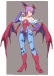  1girl animal_print bare_shoulders bat_print blue_pantyhose breasts bridal_gauntlets closed_eyes dated demon_girl demon_wings futa_yuri_ryona head_wings highres leotard lilith_aensland pantyhose purple_hair red_leotard short_hair small_breasts smug vampire_(game) wings 