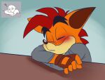 2017 8-bit-britt activision anthro bandicoot blush brown_clothing brown_fingerless_gloves brown_gloves brown_hair brown_handwear brown_nose clothing crash_bandicoot crash_bandicoot_(series) crossed_arms digital_media_(artwork) fingerless_gloves fur gloves grey_clothing grey_shirt grey_topwear hair handwear male mammal marsupial multicolored_body multicolored_fur orange_body orange_ears orange_fur shirt sitting sleeping solo tan_body tan_fur teeth three-quarter_view topwear two_tone_body two_tone_fur