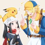  1boy 1girl akari_(pokemon) backpack bag black_eyes black_hair blonde_hair closed_eyes commentary_request evolutionary_stone glaring grey_eyes hair_over_one_eye hat head_scarf height_difference highres hinotogi holding on_head one_eye_covered pikachu pokemon pokemon_(creature) pokemon_legends:_arceus red_scarf scarf short_hair sidelocks simple_background thunder_stone upper_body volo_(pokemon) 