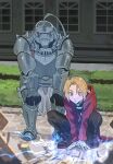  2boys alchemy alphonse_elric armor blonde_hair brothers coat commentary_request cowlick dated_commentary edward_elric full_armor fullmetal_alchemist gloves grass highres looking_down male_focus mayuakakun multiple_boys outdoors pants red_coat short_hair siblings sketch squatting standing white_gloves 
