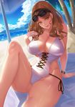  arm_support bare_hips beach bead_bracelet beads bracelet breasts brown_eyes brown_hair cleavage cloud commentary cross-laced_clothes damegane day earrings eyebrows_visible_through_hair head_tilt highres jewelry large_breasts long_hair looking_at_viewer ocean one-piece_swimsuit original palm_tree sitting smile solo string_bikini stud_earrings swimsuit thick_thighs thighs tree tropical umbrella white_swimsuit 
