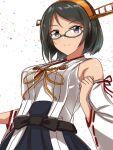  1girl black_hair blush breasts detached_sleeves glasses green-framed_eyewear hairband headgear highres japanese_clothes kantai_collection kirishima_(kancolle) kirishima_kai_ni_(kancolle) medium_breasts nontraditional_miko ribbon-trimmed_sleeves ribbon_trim roko_roko_(doradorazz) short_hair smile solo upper_body 