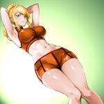  1girl abs armpits arms_behind_head arms_up blonde_hair blue_eyes breasts closed_mouth commentary_request gradient_background green_background highres large_breasts lips long_hair looking_at_viewer metroid midriff minamoto80486 navel orange_shorts orange_tank_top ponytail samus_aran shiny_skin shorts sidelocks sleeveless smile stomach tank_top thighs 