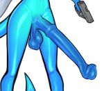  1girl 3sdice animal_penis blue_skin colored_skin completely_nude erection futanari gun holding holding_gun holding_weapon horse_penis large_penis navel nude original penis red_nails solo stomach tail testicles weapon white_background 