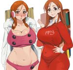  1girl absurdres bleach blush breasts cleavage collared_shirt covered_navel dress earmuffs fur-trimmed_jacket fur_trim glasses highres impossible_clothes inoue_orihime jacket large_breasts long_hair navel official_alternate_costume orange_hair parted_lips plump red_dress revealing_clothes shirt sketch skin_tight smile solo stomach strapless thighs tube_top whoopsatro 