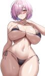  1girl absurdres arm_behind_back bikini black_bikini blush breasts closed_mouth commentary curvy fate/grand_order fate_(series) glasses hair_over_one_eye highres jasony large_breasts looking_at_viewer mash_kyrielight micro_bikini navel pink_hair purple_eyes short_hair simple_background stomach swimsuit white_background 