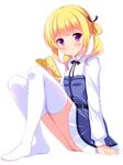  bangs bashen_chenyue blonde_hair blue_dress blush book breasts closed_mouth collared_shirt dress eyebrows_visible_through_hair full_body girlish_number highres knees_up long_sleeves looking_at_viewer no_shoes open_book purple_eyes shirt short_hair simple_background sitting small_breasts smile solo sonou_momoka thighhighs twintails white_background white_legwear white_shirt 