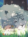  1girl alten animal_ears cat_ears claws closed_eyes dromarch_(xenoblade) flower grass grey_hair hair_ribbon highres nia_(xenoblade) ribbon shade short_hair sleeping sleeping_on_person smile striped_fur tiger tree xenoblade_chronicles_(series) xenoblade_chronicles_2 