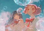  2girls absurdres akemi_homura black_hair blue_sky bow bubble bubble_blowing cloud day hair_bow hairband highres kaname_madoka long_hair looking_at_another looking_up magical_girl mahou_shoujo_madoka_magica mahou_shoujo_madoka_magica_(anime) mitakihara_school_uniform moieko multiple_girls pink_eyes pink_hair purple_eyes school_uniform short_hair sky smile twintails 