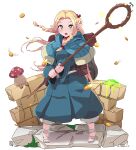  1girl absurdres backpack bag belt_pouch blonde_hair blue_capelet blue_robe braid breasts brick_wall bug capelet choker coin commentary dungeon_meshi elf fighting_stance floating_hair french_braid fukkatsu_saisei_kaijin glint grass green_eyes highres holding holding_staff hood hood_down hooded_capelet legs_apart long_hair long_sleeves looking_at_viewer marcille_donato motion_blur multiple_braids mushroom open_mouth pants parted_bangs pigeon-toed pointy_ears pouch robe sandals side_braid sitting slime_(creature) sprout staff walking_mushroom_(dungeon_meshi) white_background white_pants 