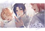  3boys :o aiue_o_eiua blue_eyes blue_hair blush brown_hair closed_eyes commentary_request english_text happy_birthday highres holding holding_paper hood hoodie idolish7 indoors izumi_iori izumi_mitsuki knit_sweater looking_at_another multiple_boys musical_note nanase_riku open_mouth paper parted_bangs reading red_eyes red_hair short_hair smile sweater thumbs_up upper_body white_hoodie white_sweater window 