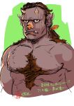 1boy artist_name brown_hair character_name chest_hair closed_mouth cropped_torso dark-skinned_male dark_skin dungeon_meshi fangs fangs_out frown hair_pulled_back highres horns looking_ahead male_focus medium_hair multiple_scars oni_chan_sky orc plump pointy_ears scar scar_on_face sideburns signature sketch solo zon_(dungeon_meshi) 