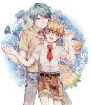  2boys belt black_belt blonde_hair blue_background blue_eyes blue_hair blue_pants blush brown_shirt brown_shorts burger character_name chinese_commentary clarinet collared_shirt commentary_request couple dress_shirt flower food freckles fruit furrowed_brow hands_up happy heart height_difference highres holding_hands instrument male_focus multiple_boys necktie otoko_no_ko outline painting_(medium) pants parted_lips personification pineapple pink_flower polo_shirt red_eyes red_necktie roocnutfish shirt short_hair short_necktie short_sleeves shorts smile spatula spoken_heart spongebob_squarepants spongebob_squarepants_(series) squidward_tentacles teeth traditional_media upper_body watercolor_(medium) wavy_hair white_outline white_shirt yaoi yellow_flower 