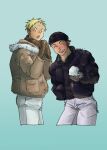  2boys ^_^ absurdres aikawa_(dorohedoro) alternate_costume black_hair blonde_hair closed_eyes colored_tips couple cropped_legs dorohedoro facial_mark gloves highres looking_at_viewer male_focus medium_sideburns multicolored_hair multiple_boys nishida_(pixiv_50671594) no_eyebrows pants risu_(dorohedoro) snowball standing thick_eyebrows winter_clothes yaoi 