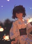  1girl absurdres black_hair blue_sky bow closed_eyes closed_mouth fireworks highres hyxifeng japanese_clothes night night_sky outdoors red_bow senkou_hanabi short_hair simple_background sitting sky smile solo sparkler wide_sleeves 