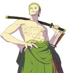  1boy absurdres cowboy_shot earrings enaka67 from_below green_hair green_kimono hand_on_own_hip haramaki highres holding holding_sword holding_weapon japanese_clothes jewelry kimono looking_to_the_side male_focus one_eye_closed one_piece roronoa_zoro sash scar scar_across_eye scar_on_chest short_hair simple_background solo sword v-shaped_eyebrows weapon white_background 