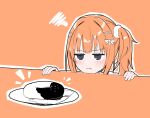  1girl :t blush bow cafe_stella_to_shinigami_no_chou closed_mouth commentary doughnut food frown hair_between_eyes hair_bow hair_intakes hair_ornament hair_scrunchie hairclip head_only highres jitome looking_at_food notice_lines orange_background orange_hair orange_theme purple_eyes scrunchie side_ponytail silver116 simple_background solo squiggle sumizome_nozomi v-shaped_eyebrows weight_conscious white_bow white_scrunchie x_hair_ornament 