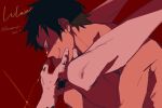  2boys arm_tattoo black_hair blush closed_mouth commentary_request demorzel hand_on_another&#039;s_face hand_tattoo highres implied_sex legs_up looking_at_another male_focus monkey_d._luffy multiple_boys nude one_piece scar scar_on_cheek scar_on_face short_hair smile sweatdrop tattoo toned toned_male trafalgar_law twitter_username yaoi 