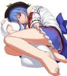  ;/ absurdres bare_legs barefoot black_hat black_skirt blue_hair blush closed_mouth feet fetal_position food frilled_skirt frills fruit full_body hat highres hinanawi_tenshi leaf long_hair looking_at_viewer lying neropaso off_shoulder on_side peach pillow pillow_hug plantar_flexion red_eyes shirt short_sleeves skirt solo touhou white_shirt 