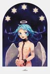  :d angel_wings bandages bandaid bandaid_on_finger bleeding blood bloody_bandages blue_eyes blue_hair border braid breasts collar cuffs cuts cutting halo happy_tears injury long_hair multiple_braids nude open_mouth original ribs scratches shackles simple_background skinny small_breasts smile solo star starry_background stitches tears tetsuko_(tetsuko009) text_focus wings wrist_cutting 