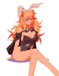  1girl :3 absurdres animal_ears axel_syrios blonde_hair blue_eyes bow bowtie braid breasts cleavage crossed_legs english_commentary facing_viewer genderswap genderswap_(mtf) hair_between_eyes highleg highleg_leotard highres holostars holostars_english large_breasts leotard long_hair looking_at_viewer mararu multicolored_hair off_shoulder orange_bow orange_bowtie rabbit_ears red_hair shiny_clothes side_braid signature solo streaked_hair two-tone_hair two_side_up virtual_youtuber white_background 