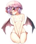  bad_id bad_pixiv_id bare_legs barefoot bat_wings between_thighs bikini blue_hair blush breasts commentary_request embarrassed full_body hat head_tilt looking_at_viewer low_wings micro_bikini navel pink_eyes pink_wings pointy_ears remilia_scarlet shinoba short_hair side-tie_bikini simple_background sitting small_breasts solo string_bikini swimsuit touhou wariza white_background white_bikini wings 
