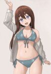  :d arm_up bikini blue_bikini blush breasts brown_hair cleavage cowboy_shot front-tie_bikini_top front-tie_top gyupolo9 hibike!_euphonium highres inoue_junna jacket long_hair long_sleeves looking_at_viewer medium_breasts navel open_clothes open_jacket open_mouth print_bikini purple_eyes side-tie_bikini_bottom simple_background smile standing sun_print swimsuit white_background white_jacket zipper 