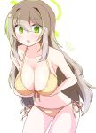  1girl :o bare_arms bikini blue_archive blush breasts brown_hair cleavage commentary_request green_eyes hair_between_eyes halo highres large_breasts long_hair looking_at_viewer navel nonomi_(blue_archive) nonomi_(swimsuit)_(blue_archive) official_alternate_costume open_mouth side-tie_bikini_bottom simple_background solo standing swimsuit very_long_hair white_background yellow_bikini yuuhi_alpha 