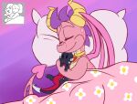 2017 2_horns 8-bit-britt activision bed_sheet bedding collar collar_tag digital_media_(artwork) dragon dragon_wings ember_(spyro) eyes_closed female feral head_on_pillow heart_collar_tag horn hugging_plushie lying markings multicolored_body multicolored_scales multicolored_tail on_side pillow pink_body pink_scales pink_spots pink_tail pink_wings plushie purple_tail scales scalie sleeping smile solo spade_tail spots spotted_body spotted_markings spotted_scales spotted_tail spyro_the_dragon tail tail_markings tan_body tan_scales two_tone_wings wings yellow_collar yellow_horn